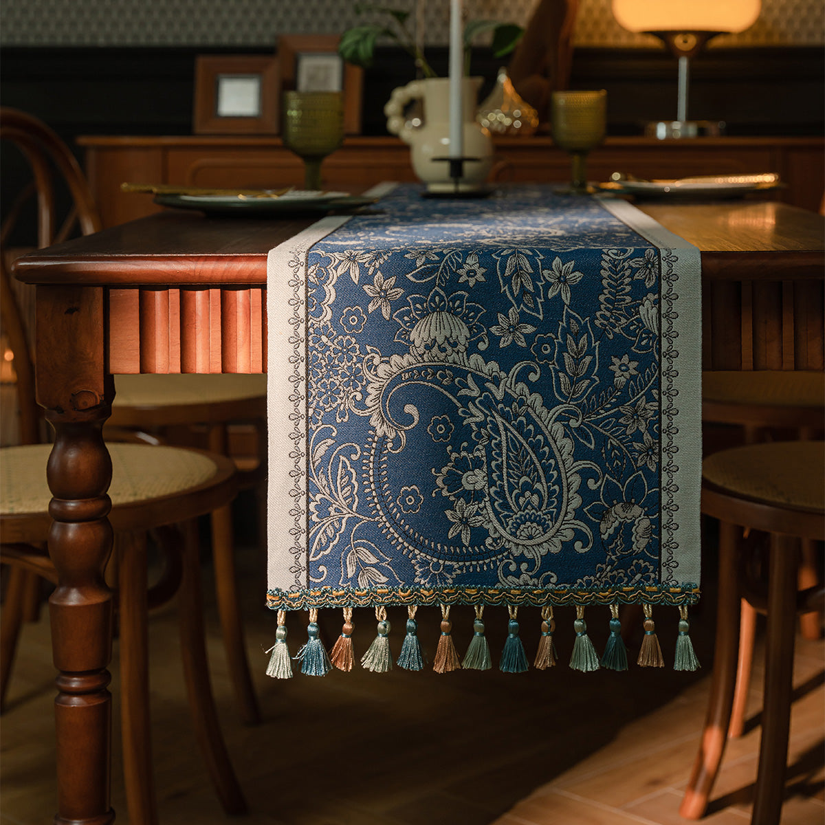 Eden Garden Paisley Jacquard Table Runner — Mist Blue