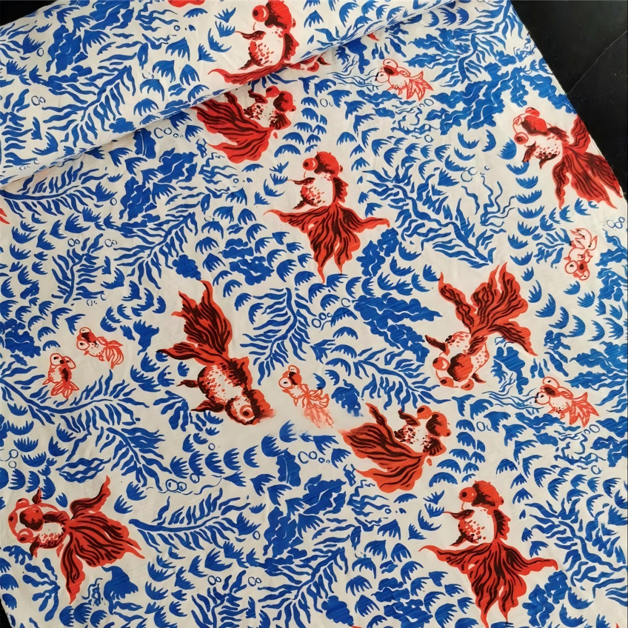 Crimson Goldfish Toile — Hand-Printed Cotton Runner