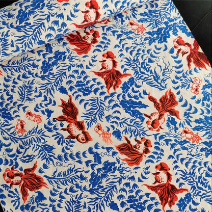 Crimson Goldfish Toile — Hand-Printed Cotton Runner