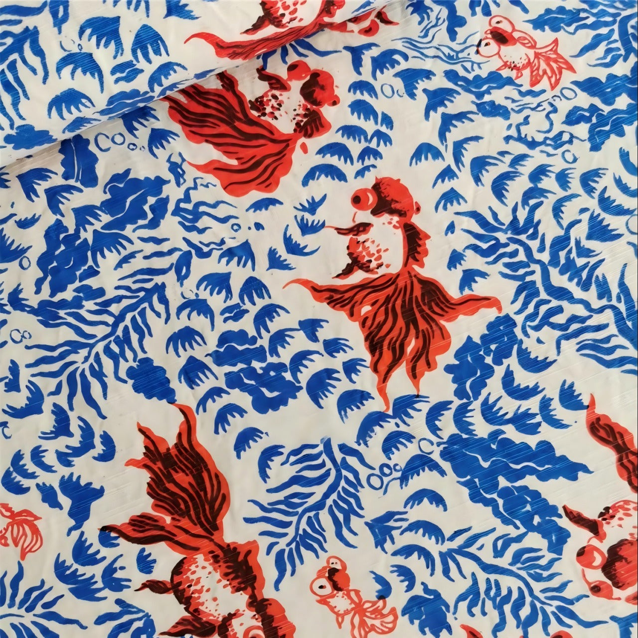 Crimson Goldfish Toile — Hand-Printed Cotton Runner