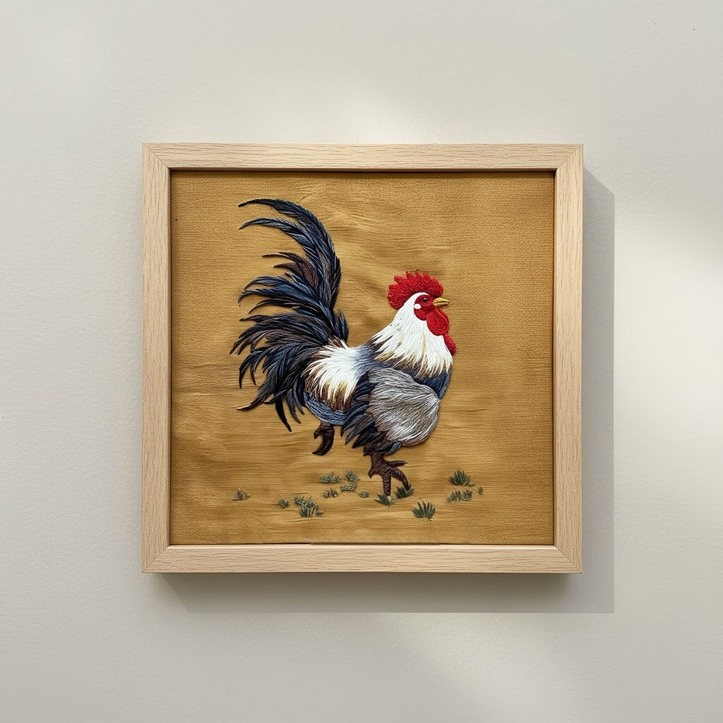 Handmade Rooster Embroidered Art