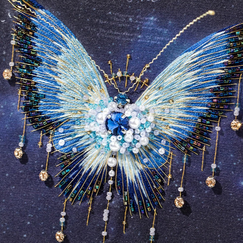 Psyche Blue Butterfly — Hand-Embroidered Framed Art