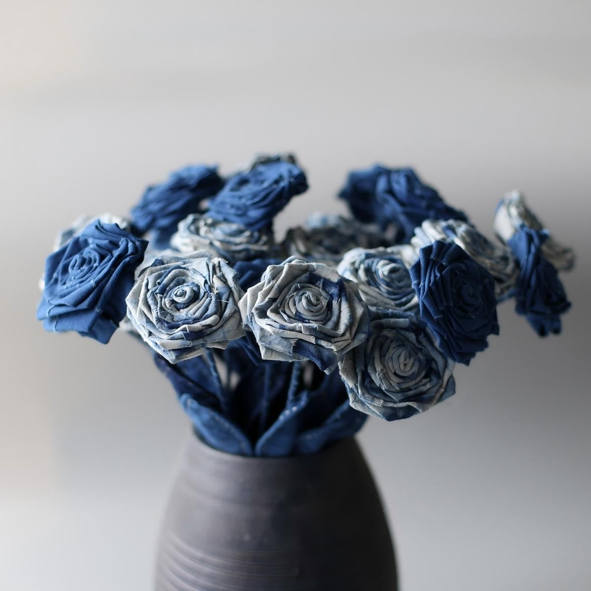 Indigo-Dyed Fabric Rose Stem | 100% Cotton · Hand-Dyed · Bendable Floral Decor