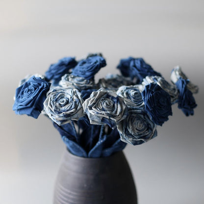 Indigo-Dyed Fabric Rose Stem | 100% Cotton · Hand-Dyed · Bendable Floral Decor