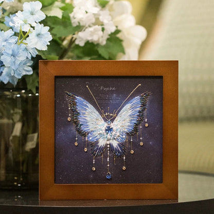 Psyche Blue Butterfly — Hand-Embroidered Framed Art