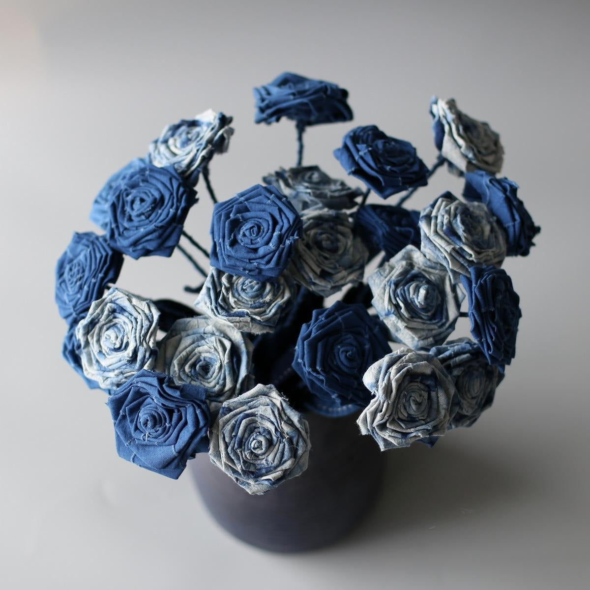 Indigo-Dyed Fabric Rose Stem | 100% Cotton · Hand-Dyed · Bendable Floral Decor