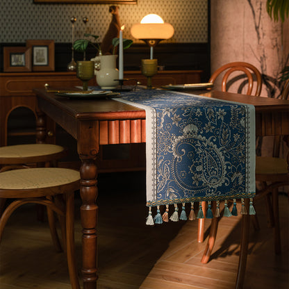 Eden Garden Paisley Jacquard Table Runner — Mist Blue