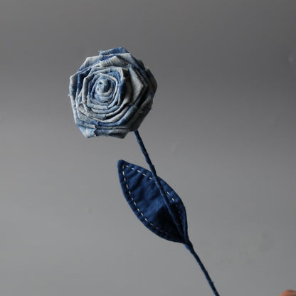 Indigo-Dyed Fabric Rose Stem | 100% Cotton · Hand-Dyed · Bendable Floral Decor