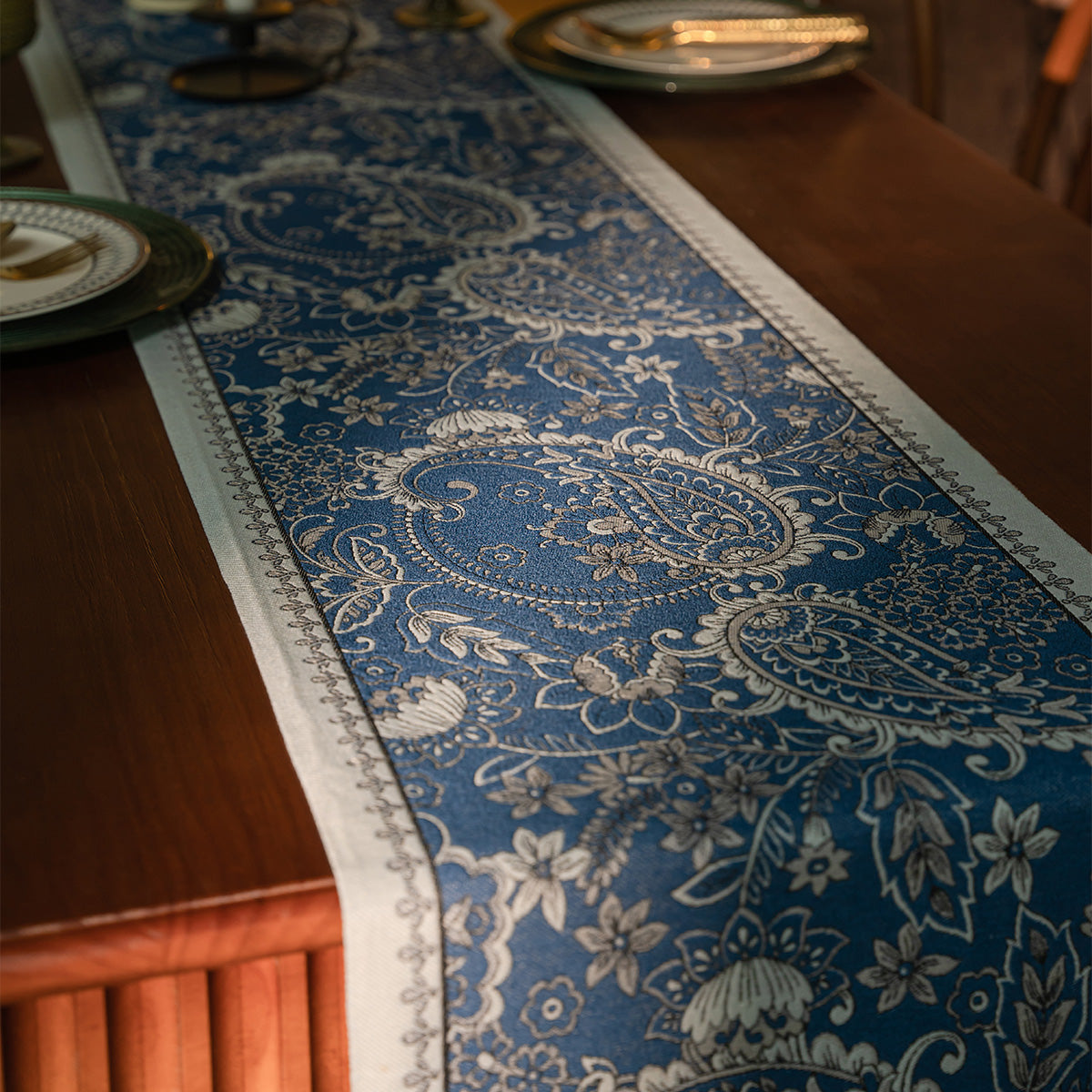 Eden Garden Paisley Jacquard Table Runner — Mist Blue