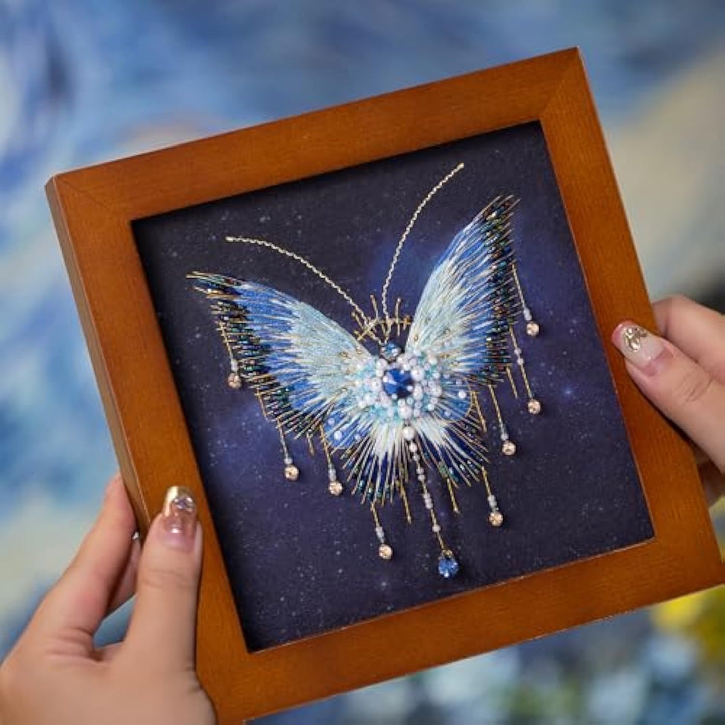 Psyche Blue Butterfly — Hand-Embroidered Framed Art