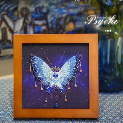Psyche Blue Butterfly — Hand-Embroidered Framed Art