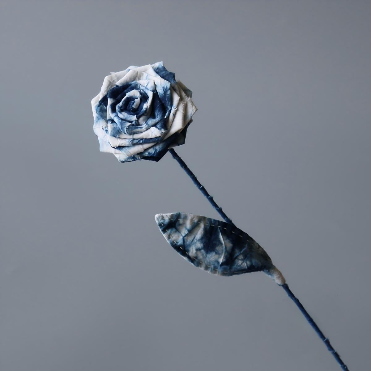 Indigo-Dyed Fabric Rose Stem | 100% Cotton · Hand-Dyed · Bendable Floral Decor