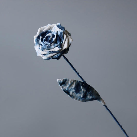 Indigo-Dyed Fabric Rose Stem | 100% Cotton · Hand-Dyed · Bendable Floral Decor