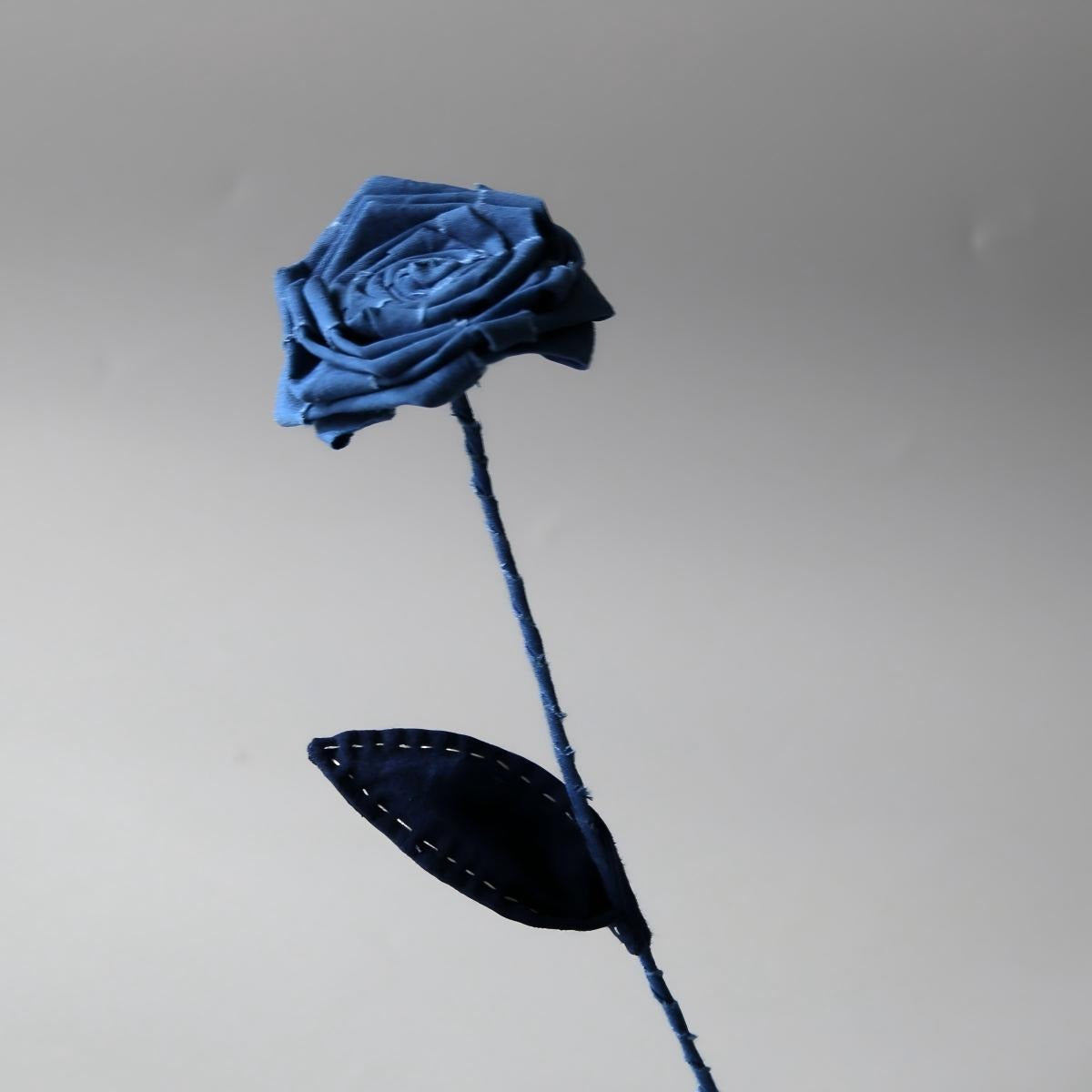 Indigo-Dyed Fabric Rose Stem | 100% Cotton · Hand-Dyed · Bendable Floral Decor