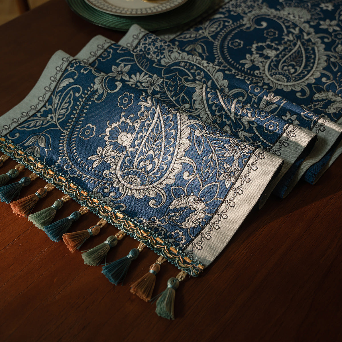 Eden Garden Paisley Jacquard Table Runner — Mist Blue