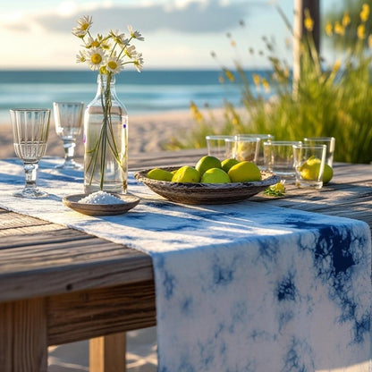 Coastal Indigo Breeze Table Runner — Botanical Shibori on 100% Cotton