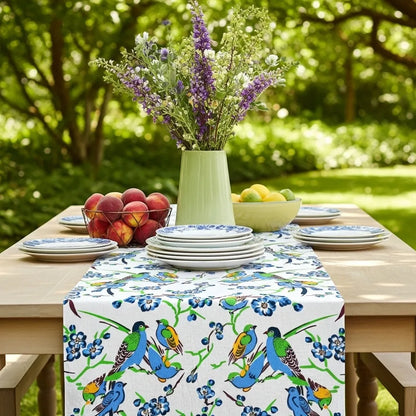 Blue Orchard Birds — Hand-Printed Homespun Runner
