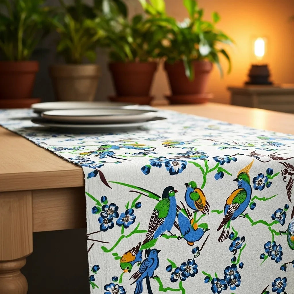 Blue Orchard Birds — Hand-Printed Homespun Runner