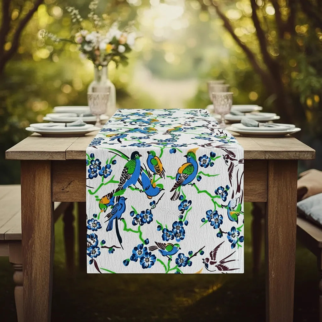 Blue Orchard Birds — Hand-Printed Homespun Runner