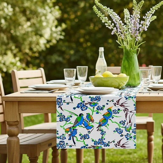 Blue Orchard Birds — Hand-Printed Homespun Runner