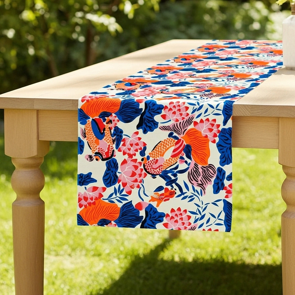 Lotus Koi Garden — Hand-Printed Cotton Table Runner