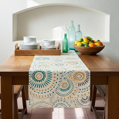 Seaside Suzani Medallion — Embroidered Cotton-Linen Table Runner