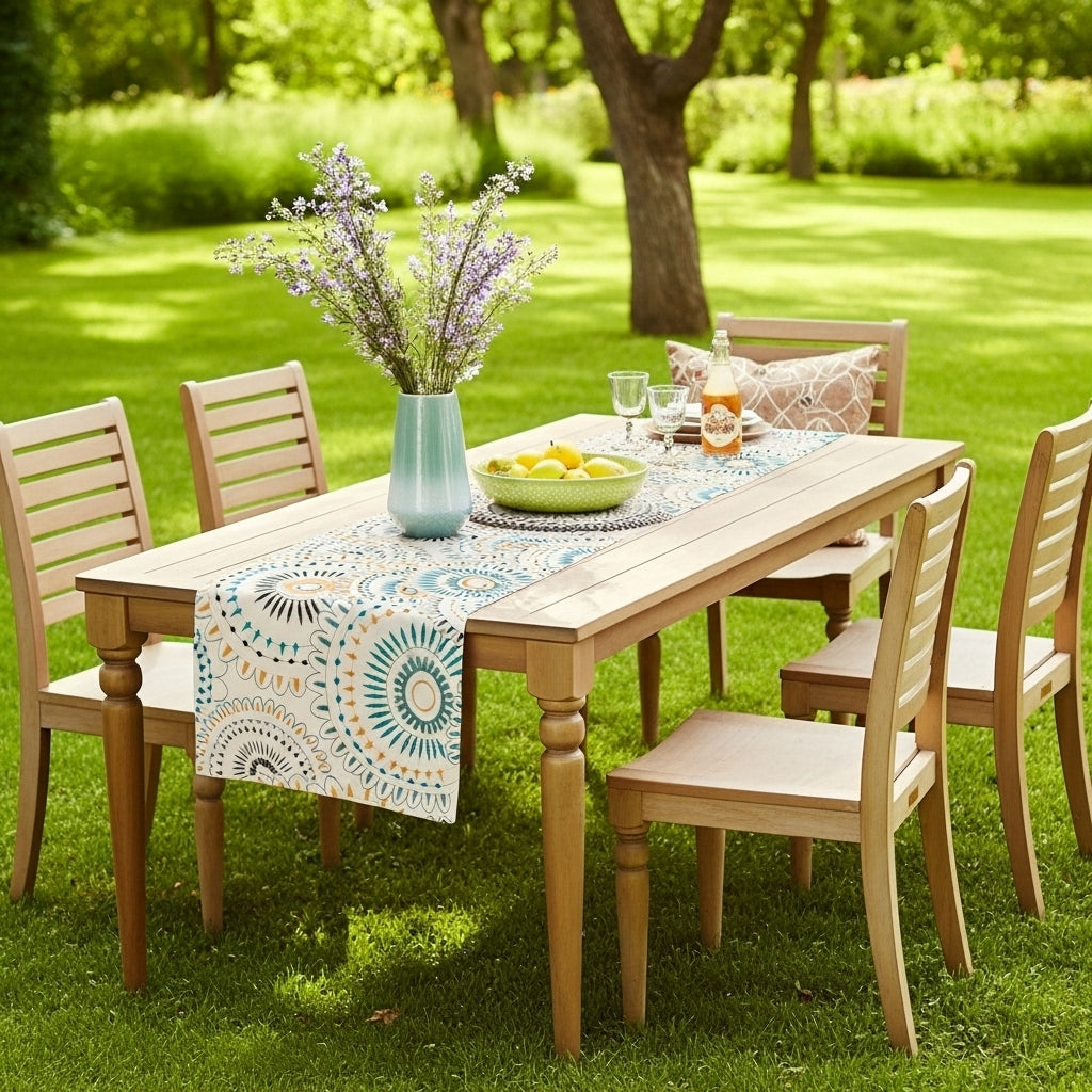 Seaside Suzani Medallion — Embroidered Cotton-Linen Table Runner