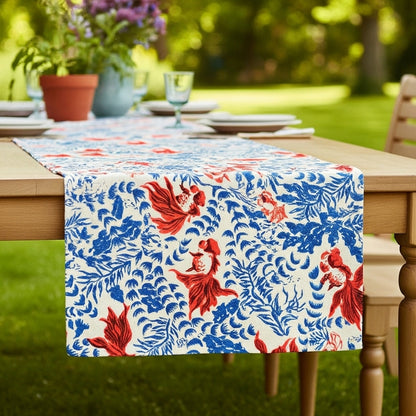 Crimson Goldfish Toile — Hand-Printed Cotton Runner
