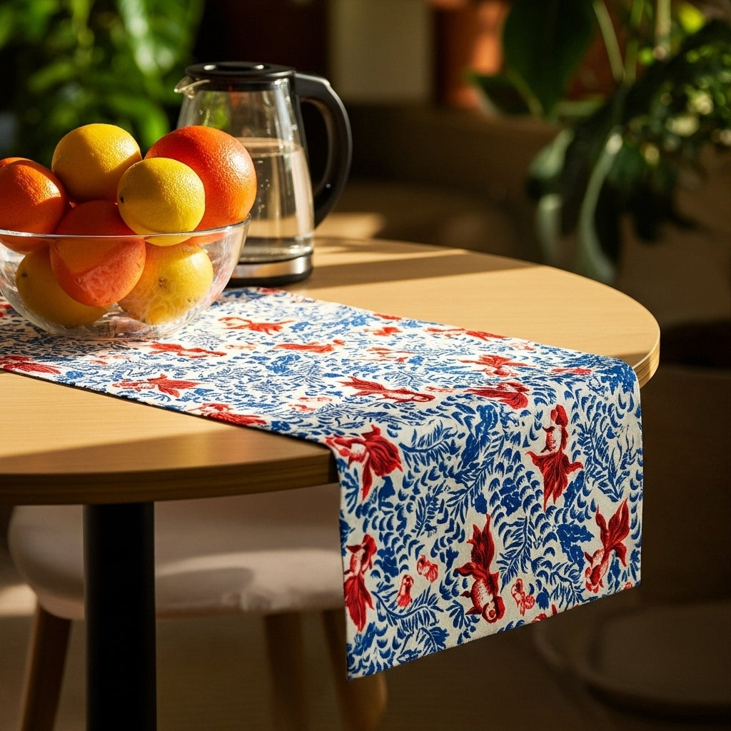 Crimson Goldfish Toile — Hand-Printed Cotton Runner