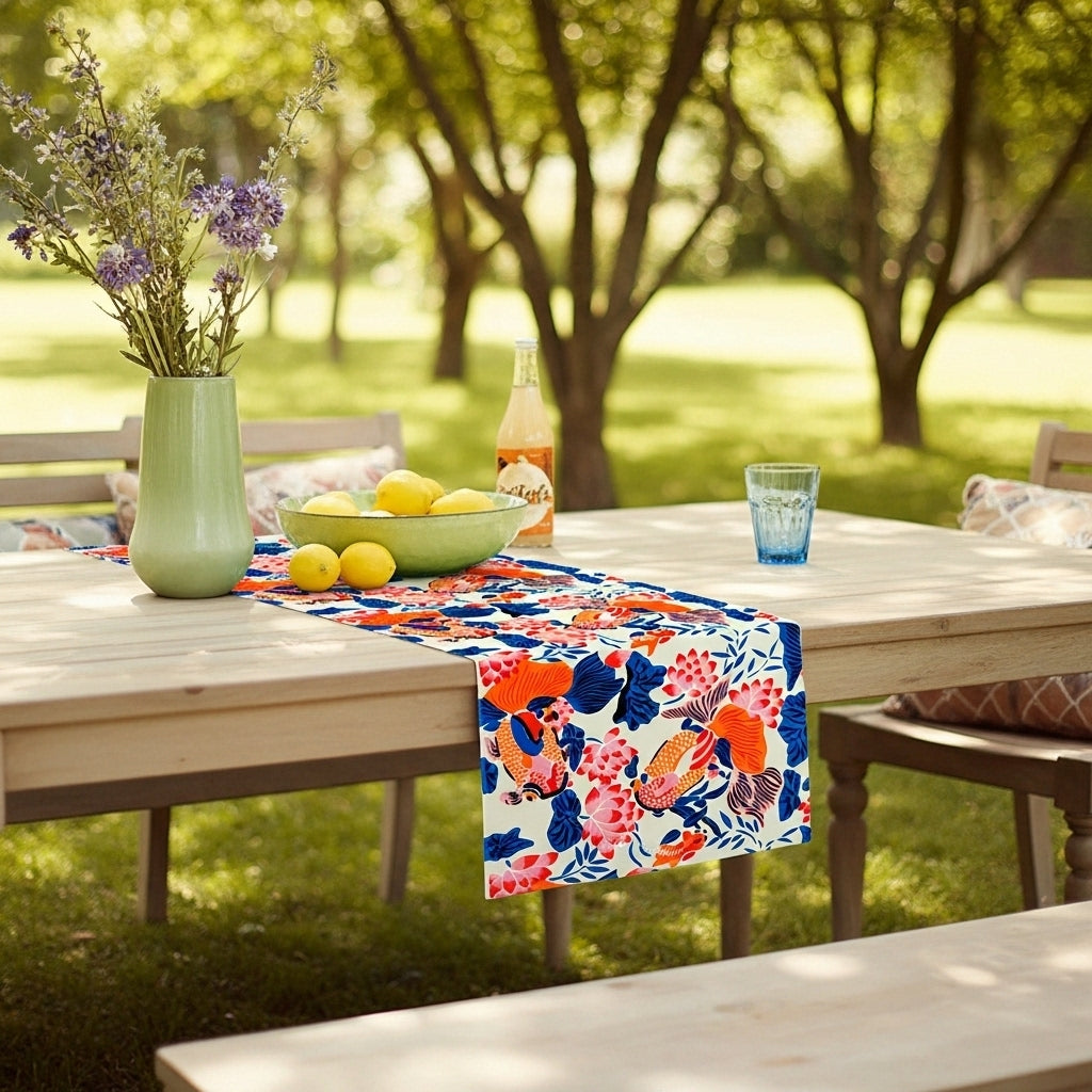 Lotus Koi Garden — Hand-Printed Cotton Table Runner