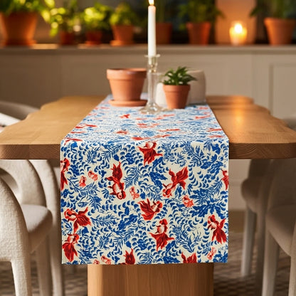 Crimson Goldfish Toile — Hand-Printed Cotton Runner