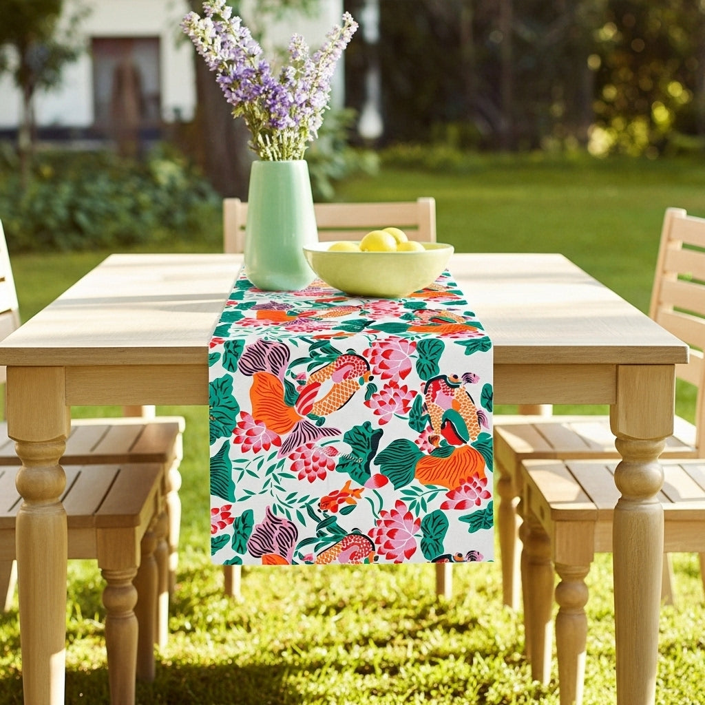 Lotus Koi Garden — Hand-Printed Cotton Table Runner
