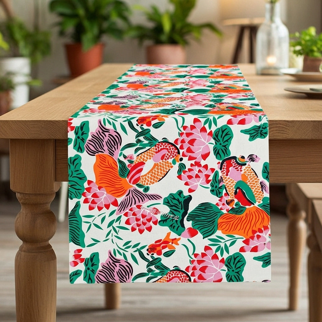 Lotus Koi Garden — Hand-Printed Cotton Table Runner