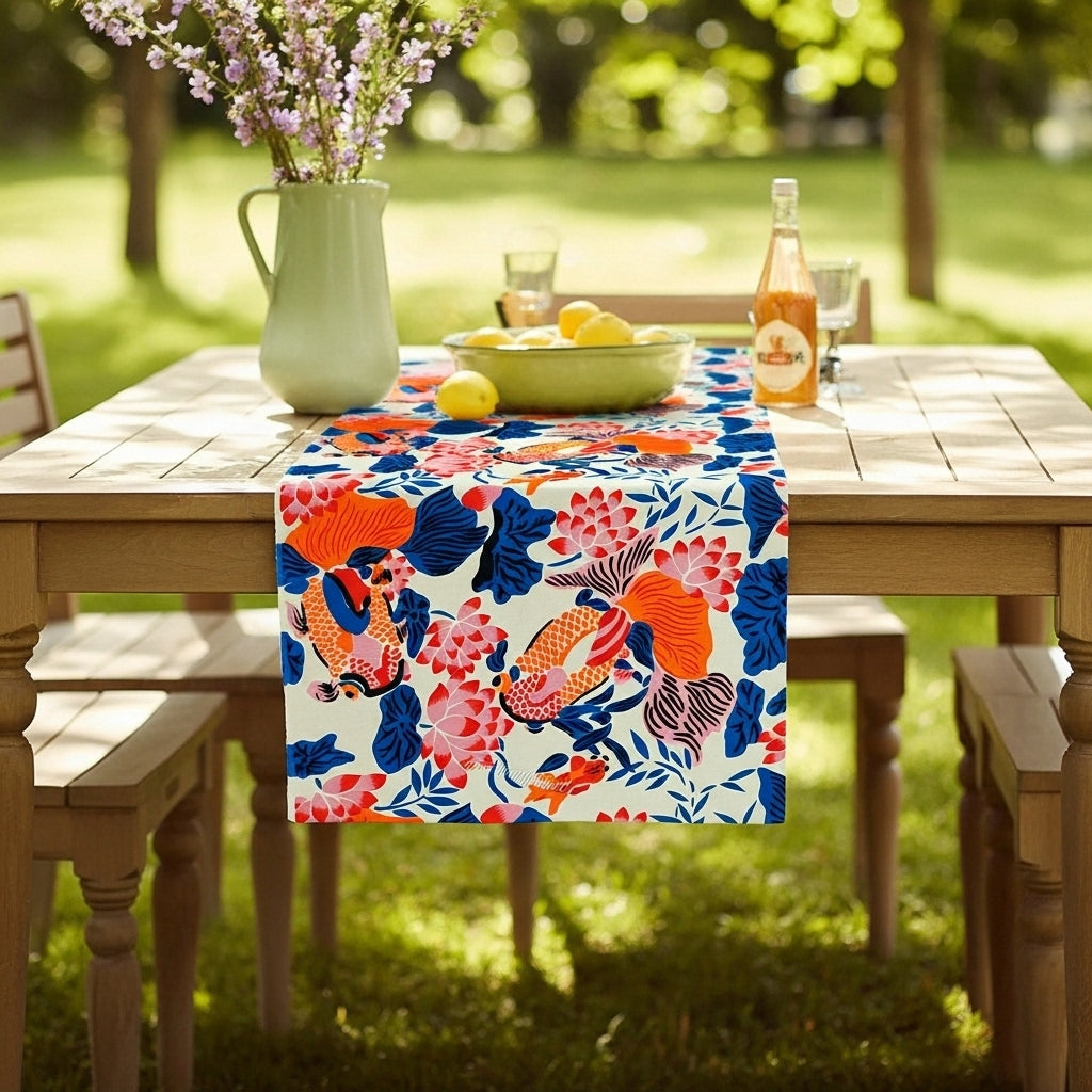 Lotus Koi Garden — Hand-Printed Cotton Table Runner