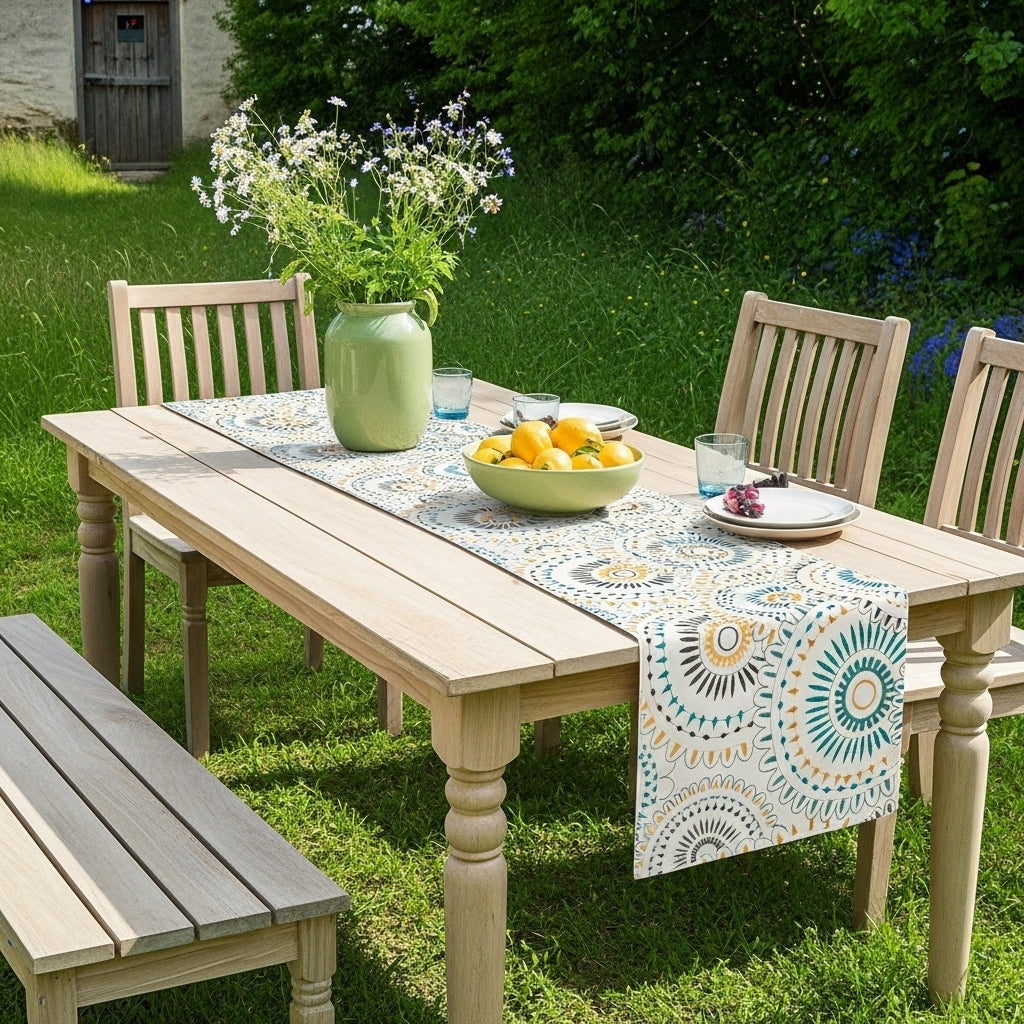 Seaside Suzani Medallion — Embroidered Cotton-Linen Table Runner