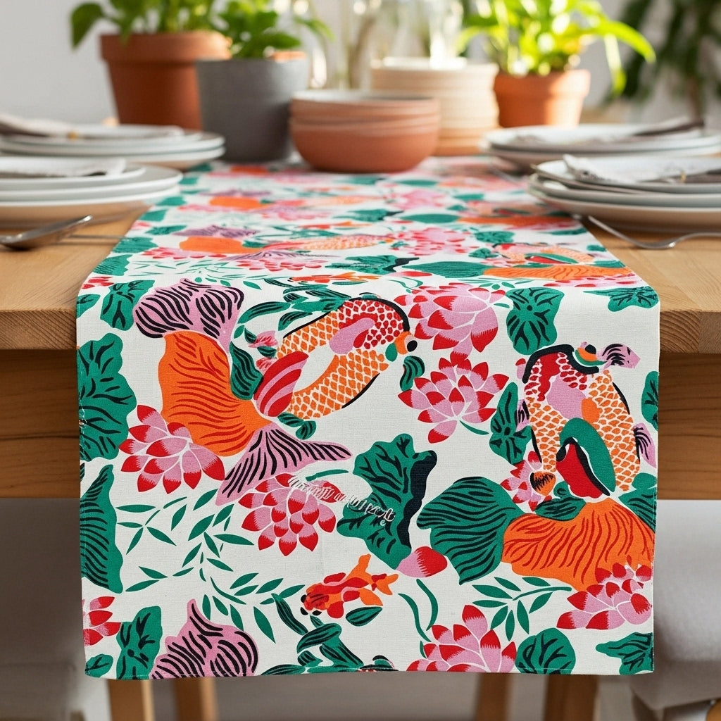 Lotus Koi Garden — Hand-Printed Cotton Table Runner