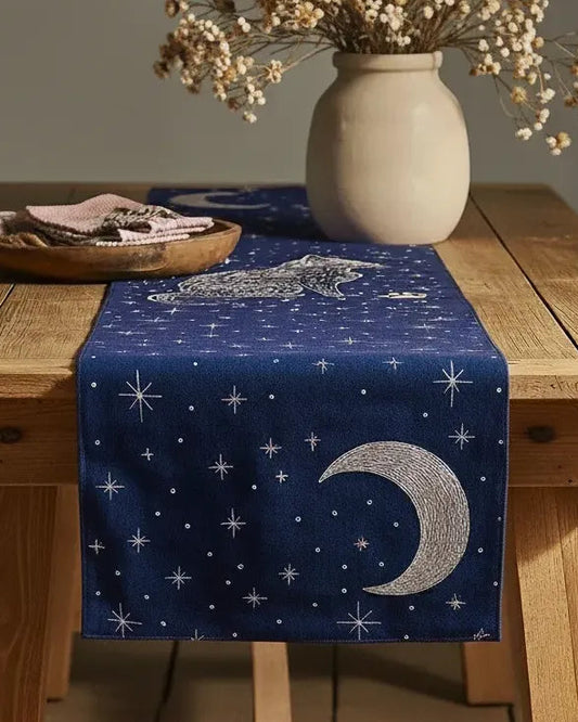 Starry Night Cat Table Runner | Van Gogh Inspired Hand-Embroidered Art